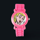 Retro Comic Book Cutie Horloge<br><div class="desc">Dit Retro Comic Book Cutie Watch-ontwerp is voorzien van een mooie jonge vrouw met een compacte en rode lippenstift. Het meisje staat op een roodbruine eiblauwe en witte polka stip achtergrond. De tijd vliegt als je  bent!</div>