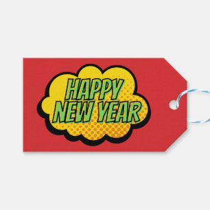 Retro Comic Book Style Happy Nieuwjaar Cadeaulabel