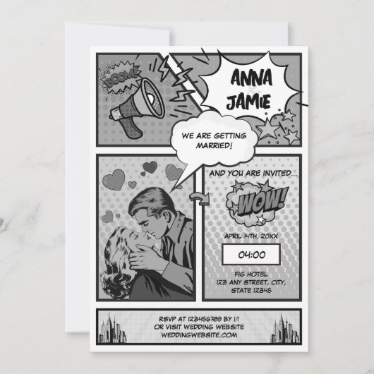 Retro Comic Book Superheld Zwart & Wit Bruiloft Kaart (Voorkant)