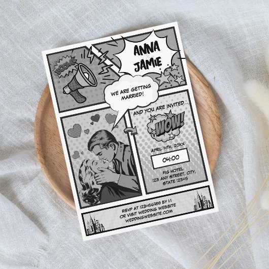 Retro Comic Book Superheld Zwart & Wit Bruiloft Kaart