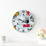 Retro Comic Explosion Pop Art Grote Klok<br><div class="desc">Voeg een uitbarsting van energie toe aan uw ruimte met deze wandklok in komische stijl met levendige "BAM"- en "BOOM"-afbeeldingen en een gedurfd pop-art-ontwerp. Ideaal voor slaapkamers,  kantoren of creatieve ruimtes,  deze klok is perfect voor fans van retro-strips en een leuke inrichting die een statement maakt.</div>