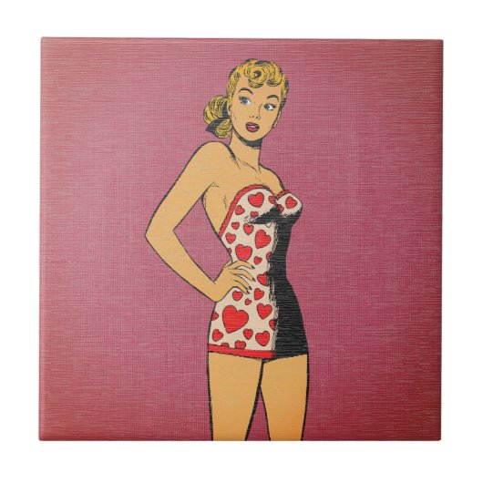 Retro Comic Hart Zwemkostuum Pin-up Tegeltje (Voorkant)