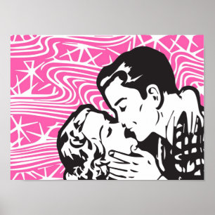 Retro Comic Kiss op roze  achtergrond Poster