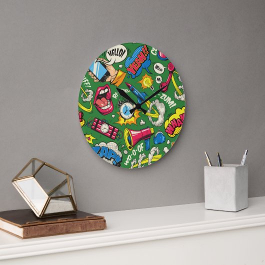 Retro Comic Pop Art Explosie Groene Wandklok (Kantoor)