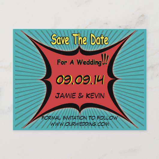 Retro Comic Pop Art Wedding Save the Date Briefkaa Aankondigingskaart (Voorkant)