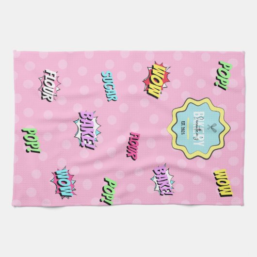 Retro Comic Roze Pop Kunst Fun Baking Pastry Chef Theedoek (Horizontaal)