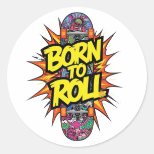 Retro Comic Stijl "Born to Roll" Skater Ronde Sticker