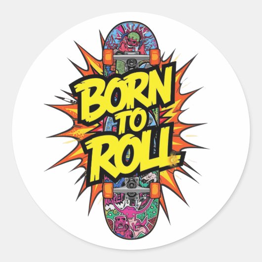 Retro Comic Style "Born to Roll" Skater Ronde Sticker (Voorkant)