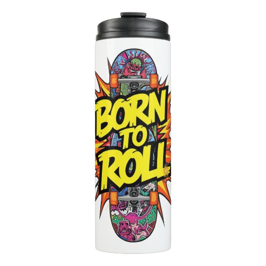 Retro Comic Style "Born to Roll" Skater Thermosbeker (Voorkant)