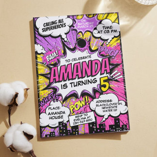 Retro Comic Superhelden Meisje Verjaardagsfeestje Kaart