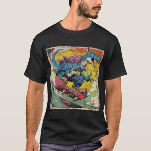 Retro Comic T-Rex Skateboarding T-shirt (Voorkant)