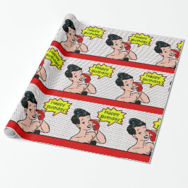Retro Comic Vrouw Op Telefoon Gelukkige Verjaardag Cadeaupapier