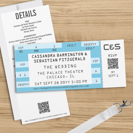 Retro Concert Ticket All-in-One Blue Wedding Kaart