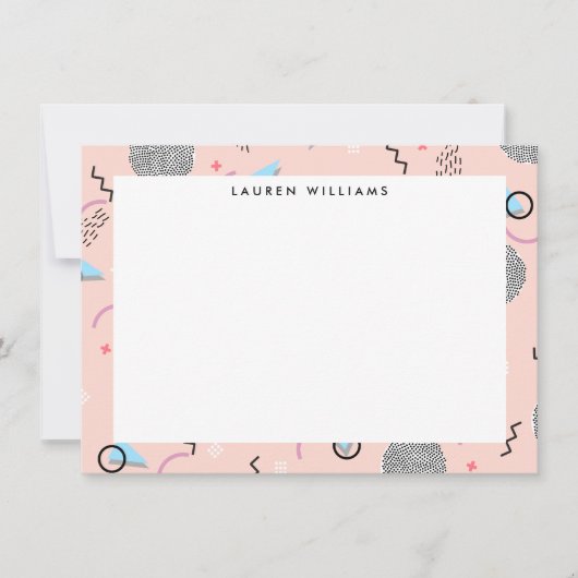 Retro Confetti Memphis Pattern Pink Flat Notecard Notitiekaartje (Voorkant)