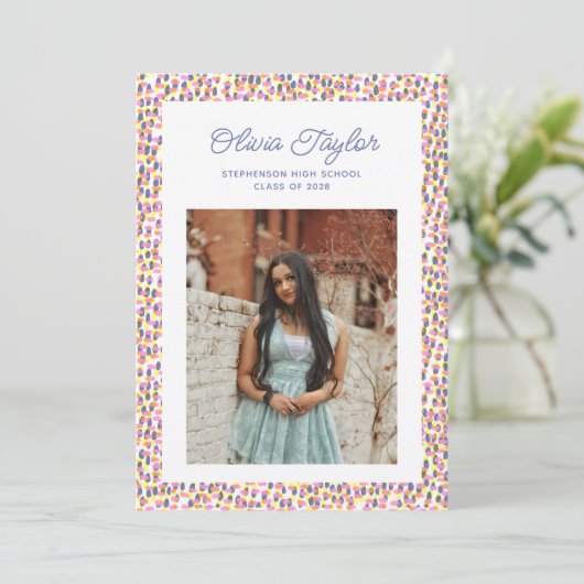 Retro Confetti Stippen Fun Border Foto Afstuderen Aankondiging (Staand voorkant)