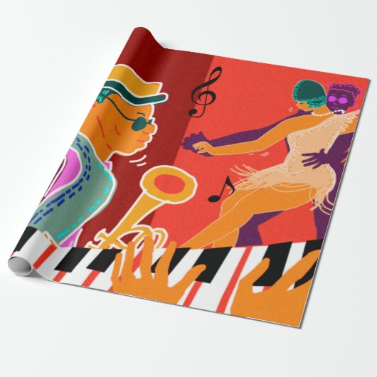 Retro contrastmuziekfestival jazz cadeaupapier (Uitgerold)