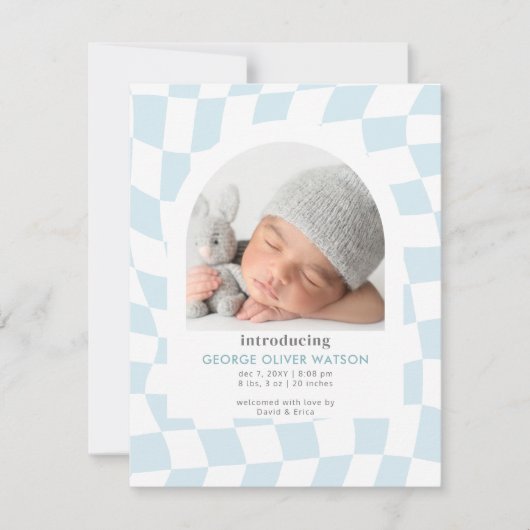 Retro controleert Blue Boy Foto Geboorte Aankondig Aankondiging (Voorkant)