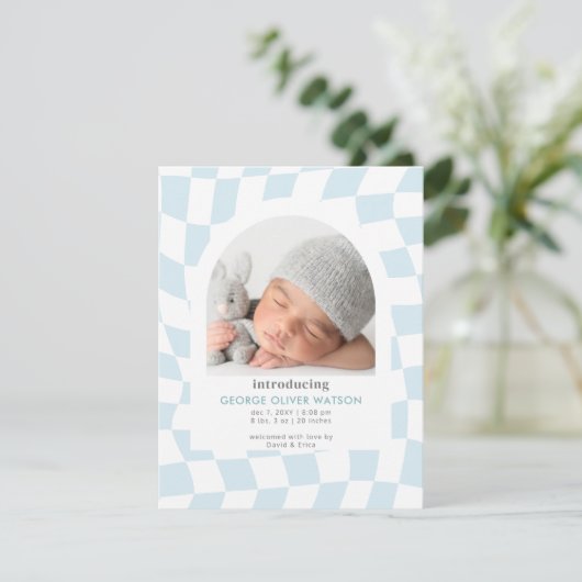 Retro controleert Blue Boy Foto Geboorte Aankondig Aankondiging (Staand voorkant)