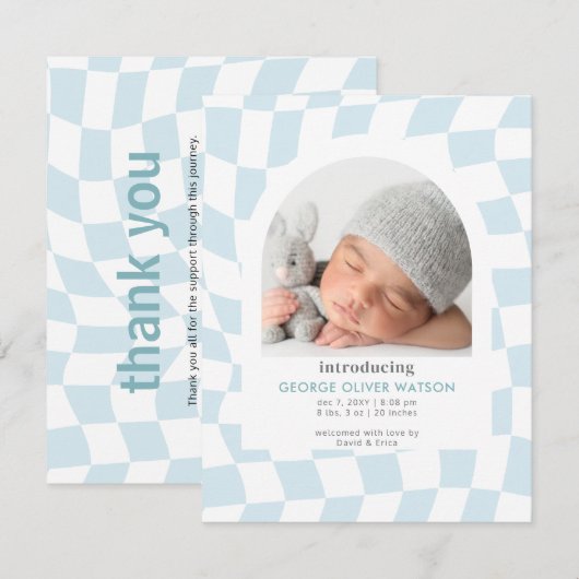 Retro controleert Blue Boy Foto Geboorte Aankondig Aankondiging (Voorkant / Achterkant)