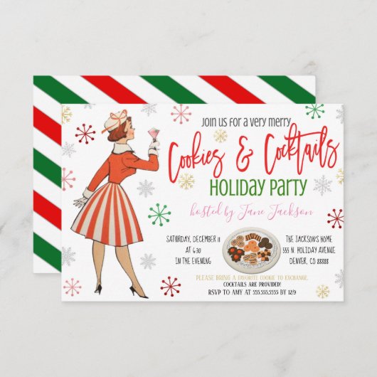 Retro Cookies en Cocktails Kerstfeest uitnodigen Kaart (Voorkant / Achterkant)