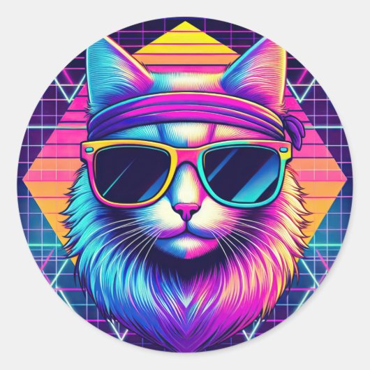 Retro Cool Cat Ronde Sticker (Voorkant)
