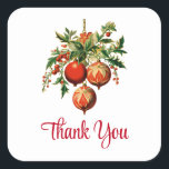 Retro Cool Christmas Tree Decorations Dank u Vierkante Sticker<br><div class="desc">Stickers met een  stijlillustratie. 3 rode kerstballen omgeven door groene hulst en bessen. Stijlvol retro ontwerp.</div>