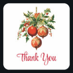 Retro Cool Christmas Tree Decorations Dank u Vierkante Sticker<br><div class="desc">Stickers met een  stijlillustratie. 3 rode kerstballen omgeven door groene hulst en bessen. Stijlvol retro ontwerp.</div>