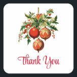 Retro Cool Christmas Tree Decorations Dank u Vierkante Sticker<br><div class="desc">Stickers met een  stijlillustratie. 3 rode kerstballen omgeven door groene hulst en bessen. Stijlvol retro ontwerp.</div>