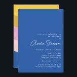 Retro Cool Modern Stripes Blue Yellow Bat Mitzvah Kaart<br><div class="desc">Afspeelbare moderne geometrische strips in Blue Yellow en Pink Bat Mitzvah Invitation</div>
