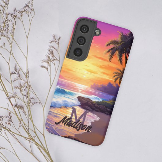 Retro Cool Tropical Beach Sunset Monogram Naam toe Samsung Galaxy Hoesje