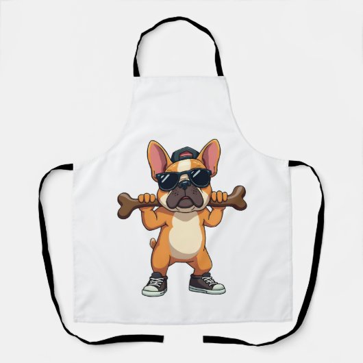 Retro Coole Franse Bulldog met Bot Cartoon Schort (Voorkant)