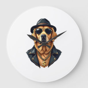 Retro Coole Goud Retriever Hond met Zonnebril en Grote Klok