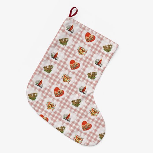 Retro  Coquette Baby Animals Gingham Grote Kerstsok (Voorkant (Hangend))