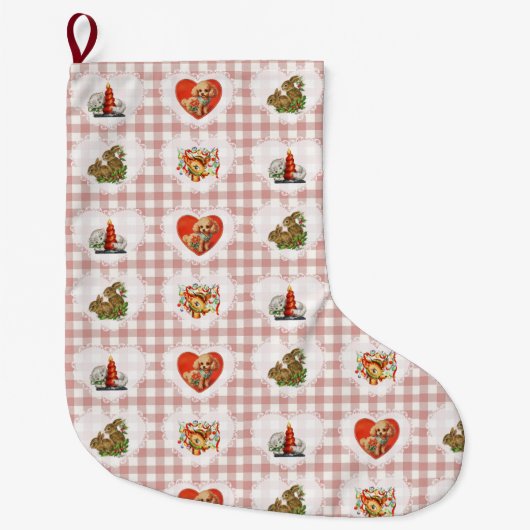 Retro  Coquette Baby Animals Gingham Grote Kerstsok (Voorkant)