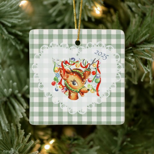 Retro  Coquette Baby Dieren Deer Gingham Keramisch Ornament (Boom)