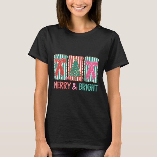 Retro Coquette Boog Vrolijk en Heldere Kerstboom T-shirt (Voorkant)