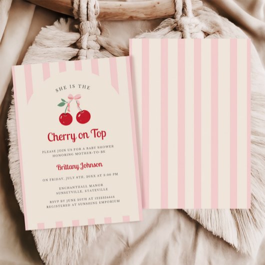 Retro Coquette Cherry op Top Girl Baby shower Kaart