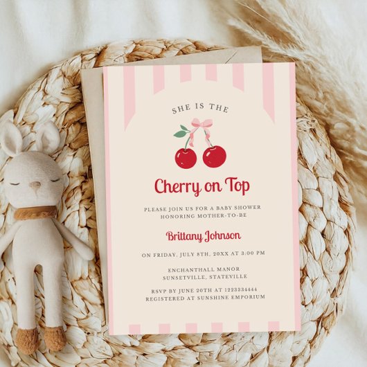 Retro Coquette Cherry op Top Girl Baby shower Kaart