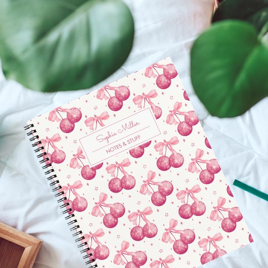 Retro Coquette Disco Bal Kersen Roze Strik Custom Notitieboek