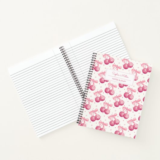 Retro Coquette Disco Ball Cherries Roze Bow Custom Notitieboek (Binnen)