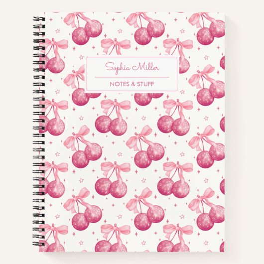 Retro Coquette Disco Ball Cherries Roze Bow Custom Notitieboek (Voorkant)