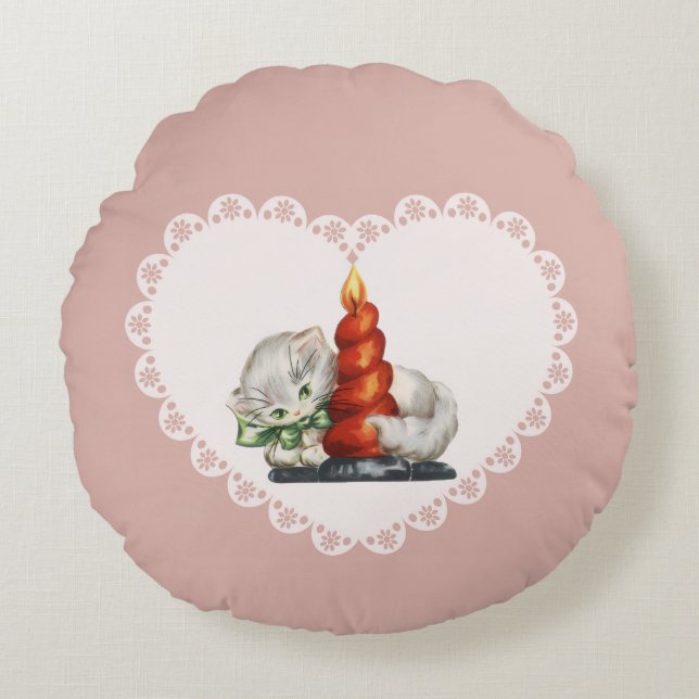 Retro  Coquette Pastel Baby Dieren Kat Rond Kussen (Voorkant)