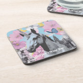 Retro Coquette Roze en Blauwe Eenhoorn Collage Bier Onderzetter (Linkerzijde)