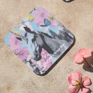 Retro Coquette Roze en Blauwe Eenhoorn Collage Bier Onderzetter