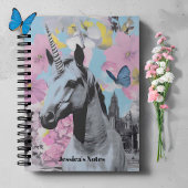 Retro Coquette Roze en Blauwe Eenhoorn Collage Notitieboek
