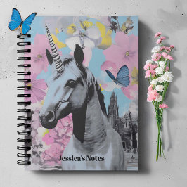 Retro Coquette Roze en Blauwe Eenhoorn Collage Notitieboek