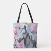 Retro Coquette Roze en Blauwe Eenhoorn Collage Tote Bag (Achterkant)