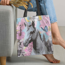Retro Coquette Roze en Blauwe Eenhoorn Collage Tote Bag
