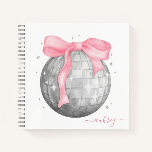 Retro Coquette Silver Disco ball Pink Ribbon Notitieboek (Voorkant)