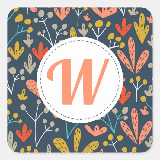 Retro Coral Floral Monogram Envelope Seals Vierkante Sticker (Voorkant)